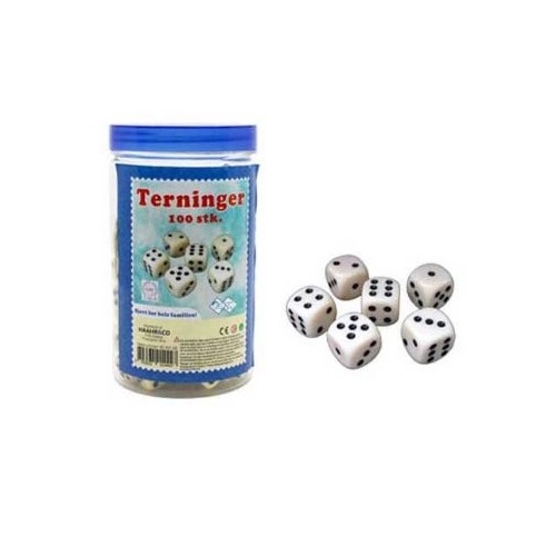 [40768] Terninger, 6 sider, plastik, hvide, i dåse, (100 stk.)