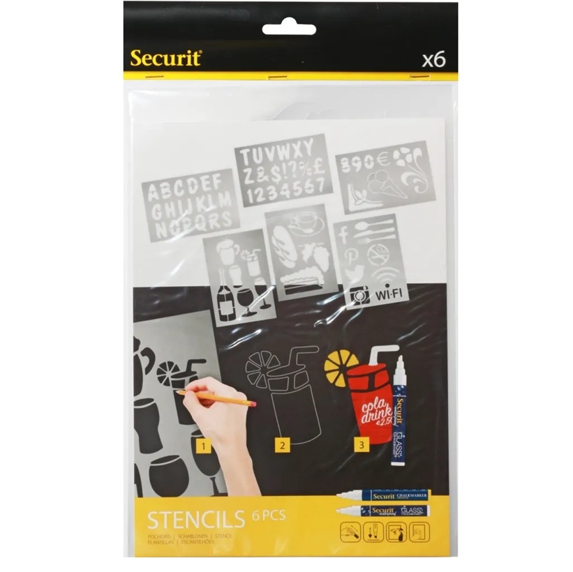 Maleskabelon, bogstaver, tal & figurer, Securit®, (sæt á 6 ark)