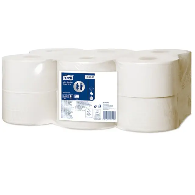 Jumborulle, T2 Advanced, 2-Lags, Mini, 170m x 9,4Cm, Ø18,8Cm, hvid, Genbrugspapir, Tork, 120280, (12 Stk.) 