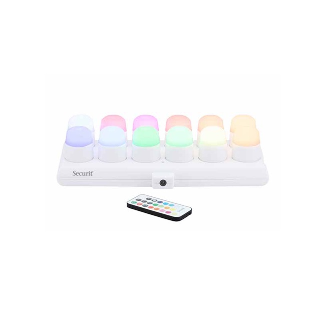 LED lys, flerfarvet, genopladelig, m/ fjernbetjening, Securit, (12 stk.)