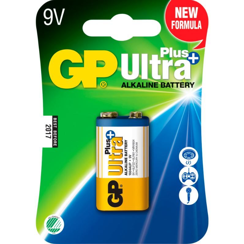 Batteri, GP Ultra Plus, Alkaline, 9V, 1-pak, (10 stk.)