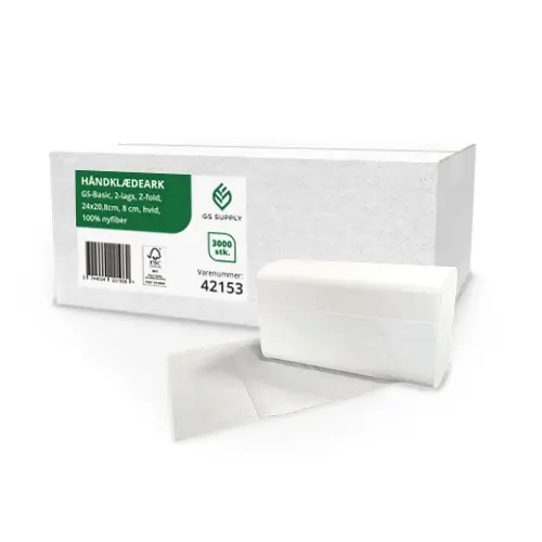 Håndklædeark, GS-Basic, 2-lags, Z-fold, 24x20,8cm, 8 cm, hvid, 100% nyfiber, (3.000 stk.)