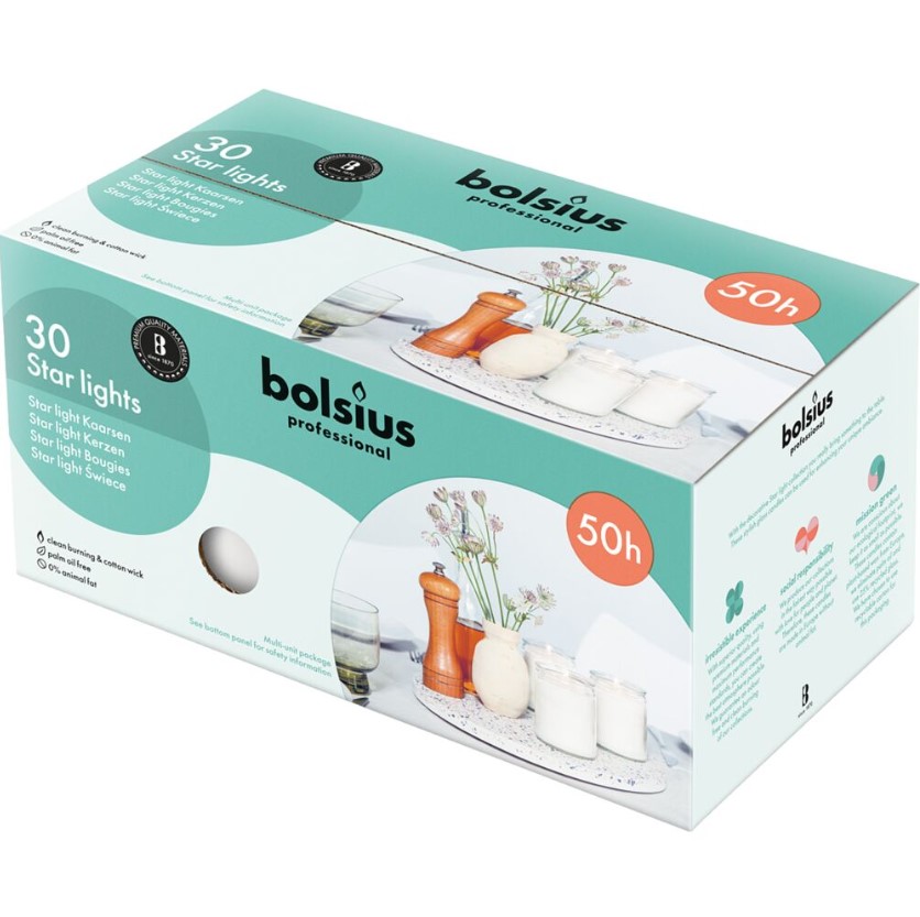 [12193] Glaslys, Bolsius Starlight, Refill, 8,2xØ6,8cm, 50 timer, paraffin, Hvid, (30 stk.)