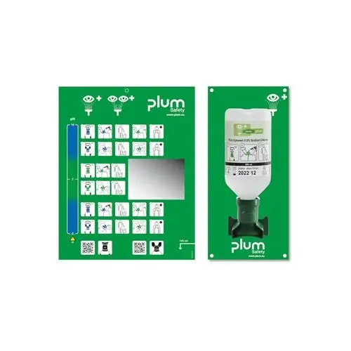 [43341] Åben øjenskyllestation m/ 500 ml øjenskyl med øjenkop, 0,9% natriumklorid, Plum Safety, 4611, (1 stk.)