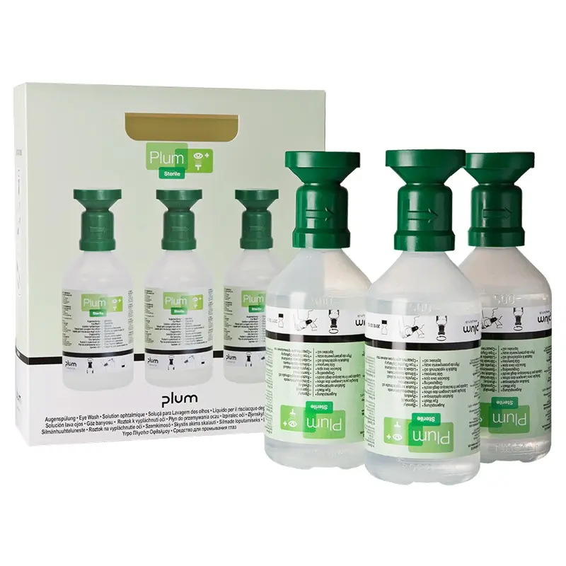 On-the-GO øjenskyl med øjenkop, 3x500 ml, steril natriumklorid (0,9 %), Plum Safety, 4620, (1 stk.)