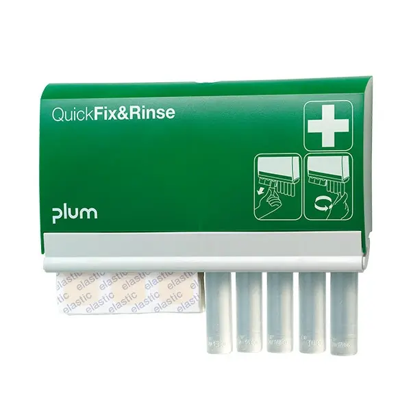 QuickFix & QuickRinse dispenser med 45 tekstilplastre og 5x20ml øjenskyl – Plum Safety 4631, (1 stk.)