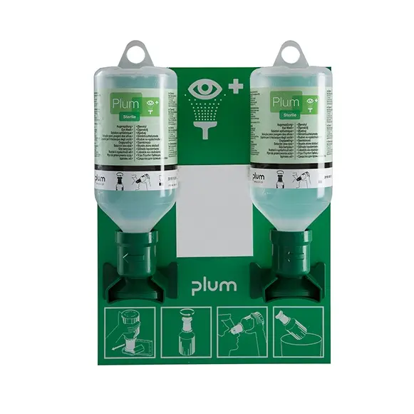 Åben øjenskyllestation m/ 2x500 ml, 0,9%, med øjenkop, Plum Safety, 4694, (1 stk.)