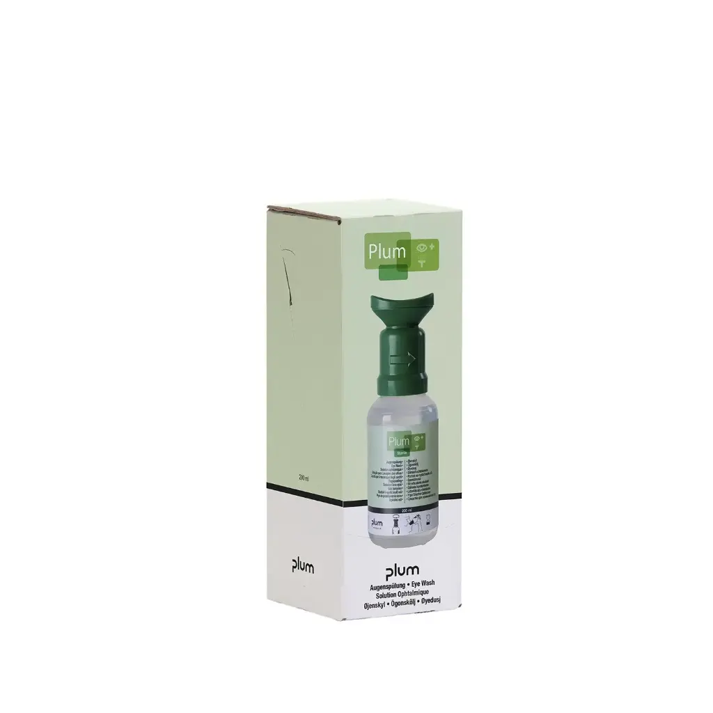 Øjenskyllevæske med øjenkop, 200 ml, 0,9%, en-flaske-boks, Plum Safety, 4695, (1 stk.)
