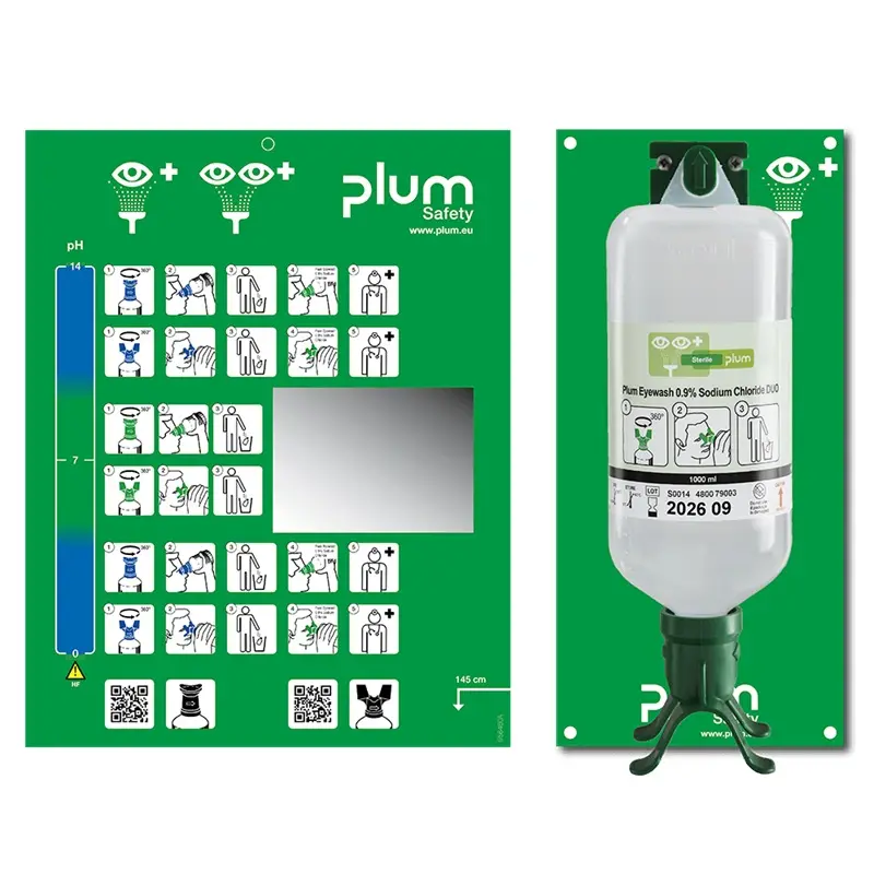 Åben øjenskyllestation m/ 1000 ml DUO øjenskyl, 0,9% natriumklorid, Plum Safety 4802, (1 stk.)