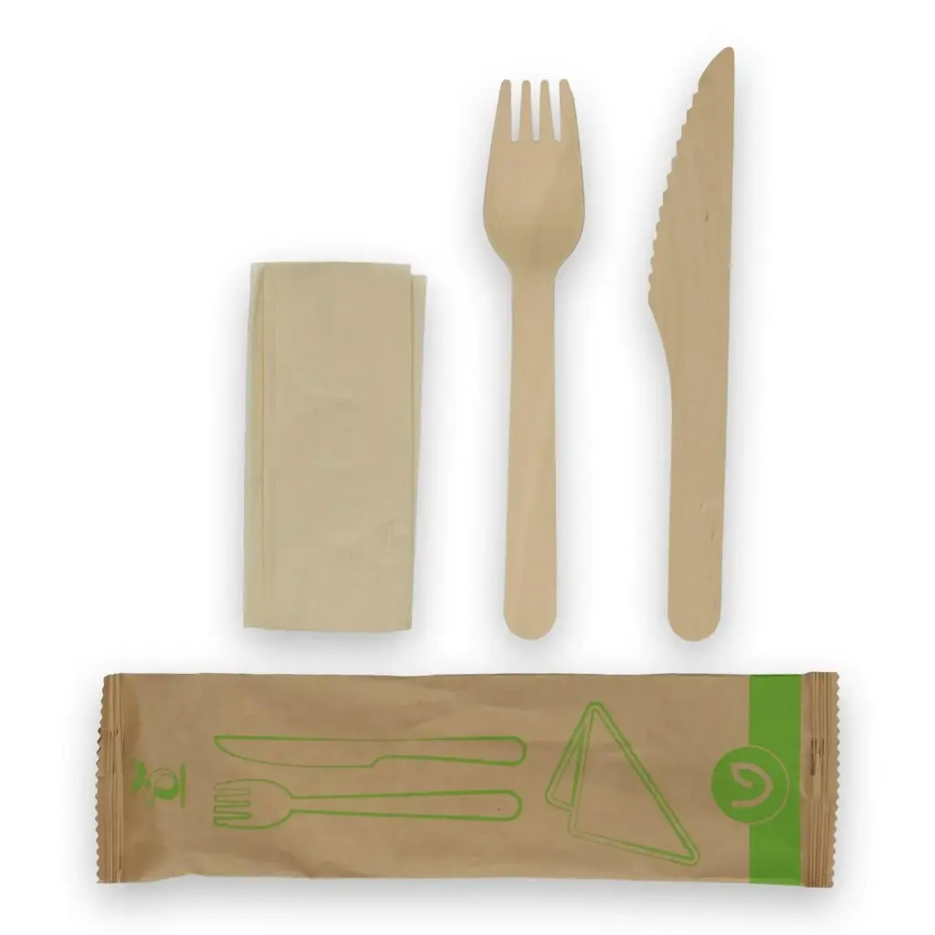 [43682] Bestiksæt m/ kniv, gaffel & serviet - L20,5xB6cm, voksbehandlet træ, natur, Verive, (500 stk.)