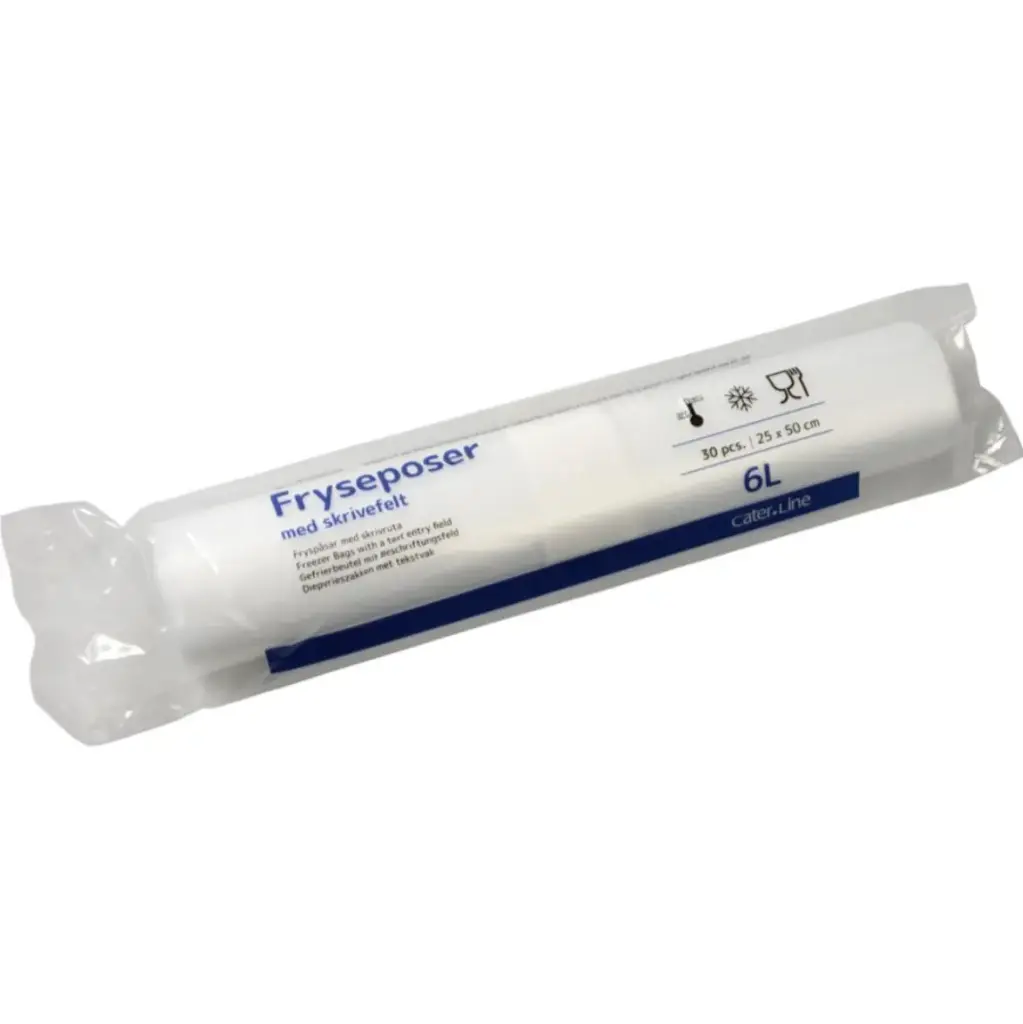 [43750] Frysepose med skrivefelt, 6 l, klar, LDPE/virgin, 25x50cm, 34 my, (48 rl á 30 stk - 1440 stk.)