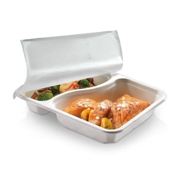 Transportbakke, Menu, PFAS-free, sukkerrørsfiber, 550/340ml, 2 rum, 22,7x17,8x4,5cm, hvid, HD biocoated, Naturesse, (250 stk.)