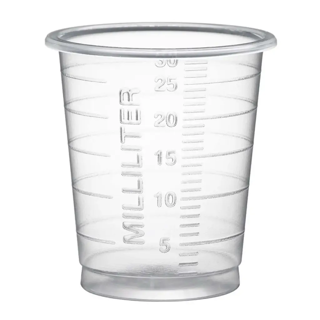 [46658] Medicinbæger, PP, Eco, 4,2cm, Ø3,8cm, 30 ml, transparent, med graduering, (9000 stk.)