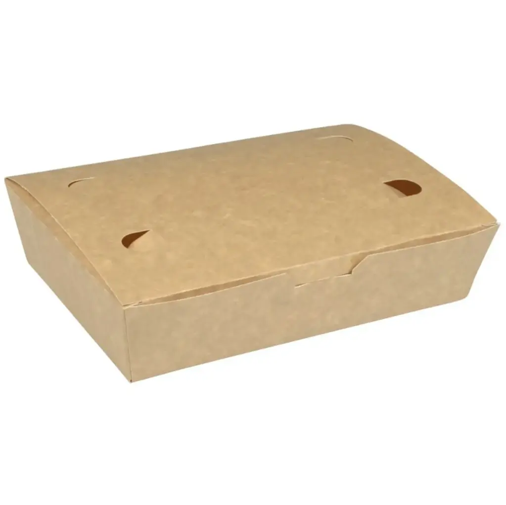 [46666] Take away boks, 20x14x5cm, 1400 ml, brun, pap, med hængslet låg, udstandsning i bunden, stor, (400 stk.)
