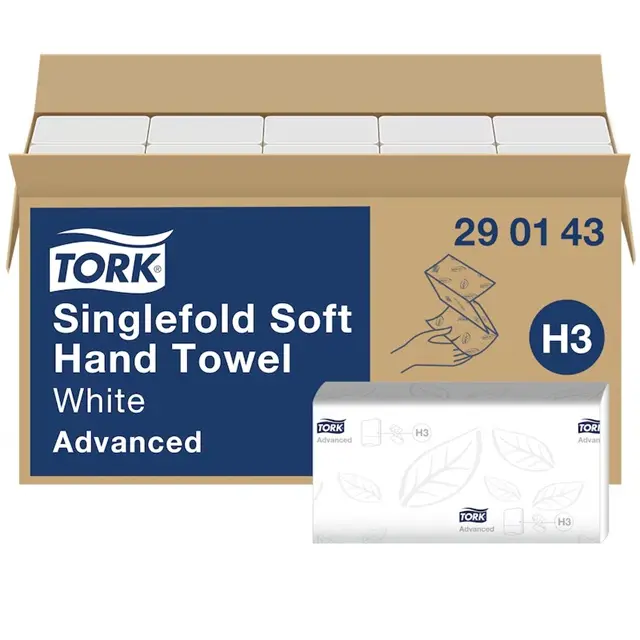 Håndklædeark, Advanced, H3, 2-lags, hvid, Singlefold, Tork 290143, (15 pk á 250 stk, 3750 stk.)