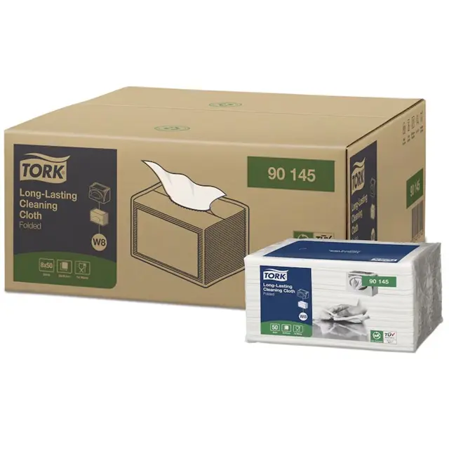 [46757] Slidstærk rengøringsklud - Alt-i-en, W8, Premium, 1-lags, Z-fold, hvid, 19,3x16cm, Tork 90145, (8 pk á 50 stk, 400 stk.)