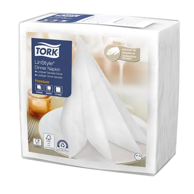 Middagsserviet, 39x39cm, 1/4-fold, 1-lags, Premium, hvid, Tork Linstyle 478711, (12 pk á 50 stk, 600 stk.)