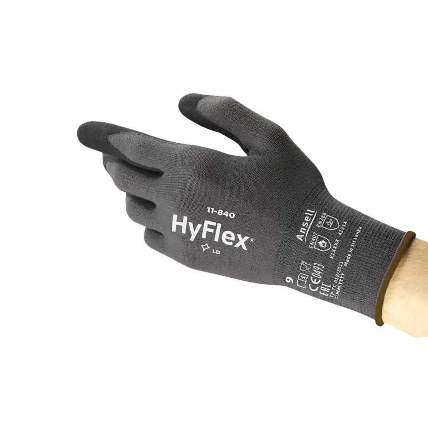 [46923] Arbejdshandske, nitrilbelagt, fødevaregodkendt, Ansell, HyFlex, 11-840, str. 5-12, (144 par.) (6)