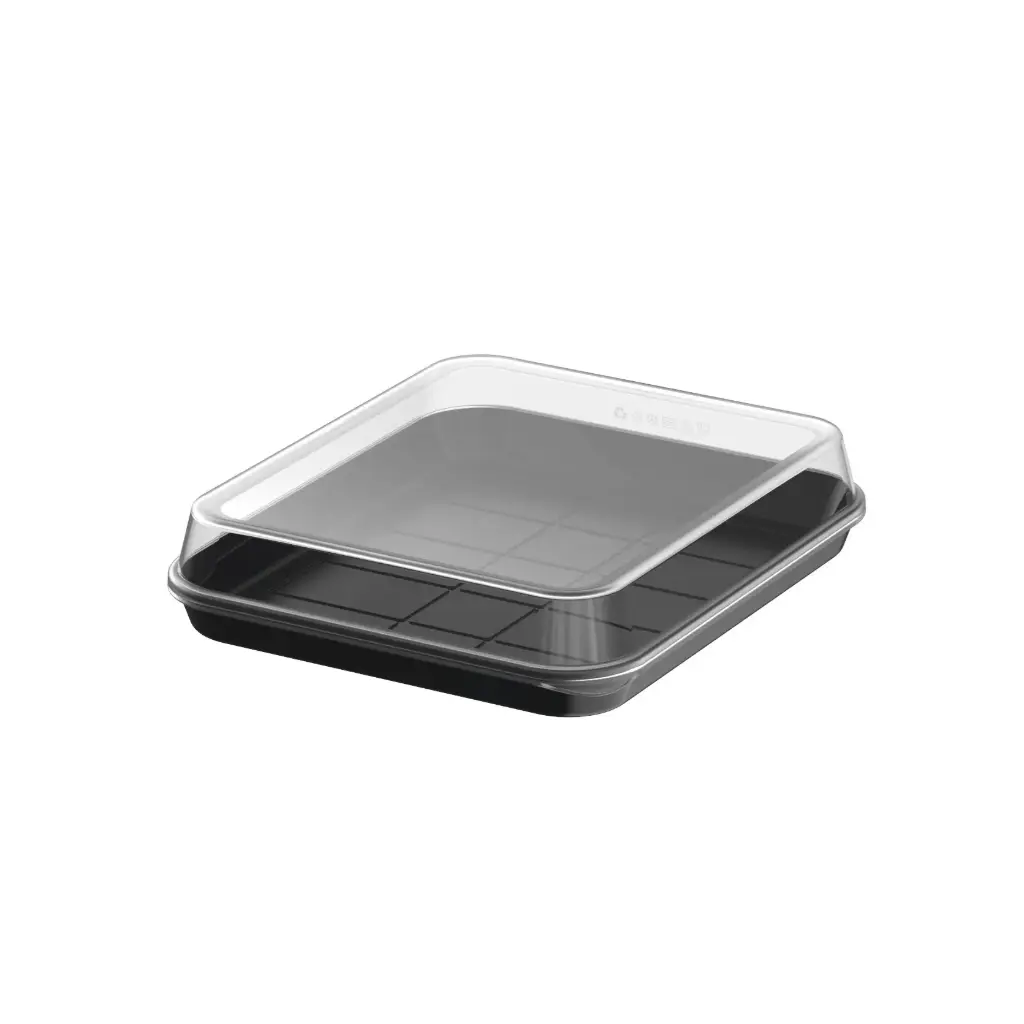 [47068] Genanvendelig sushiboks m/ højt låg, L - 24,2x20,8x5,3cm, sort/klar, PP, (48 sæt)