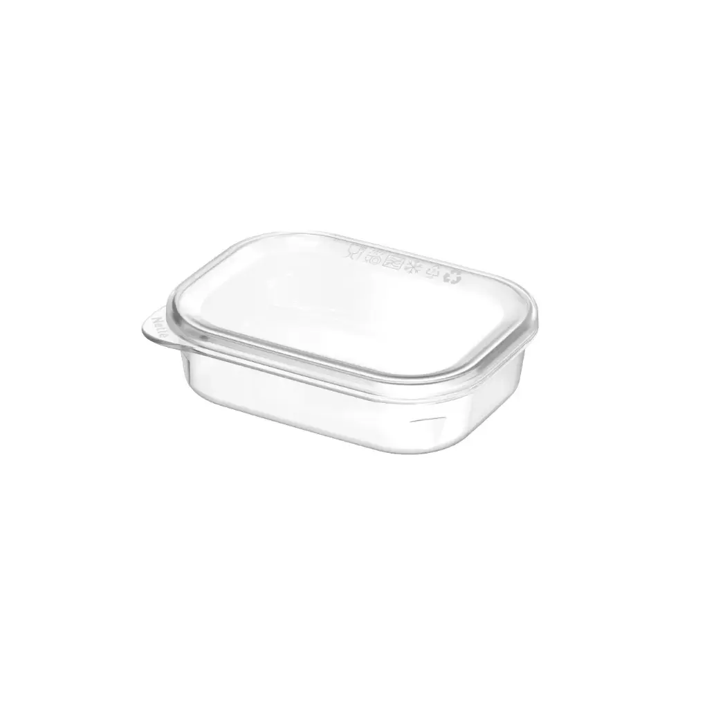 [47077] Genanvendeligt delikatessebæger m/ fladt låg, 125ml, 10,5x7,8x2,7cm, klar, PP, (50 stk.)