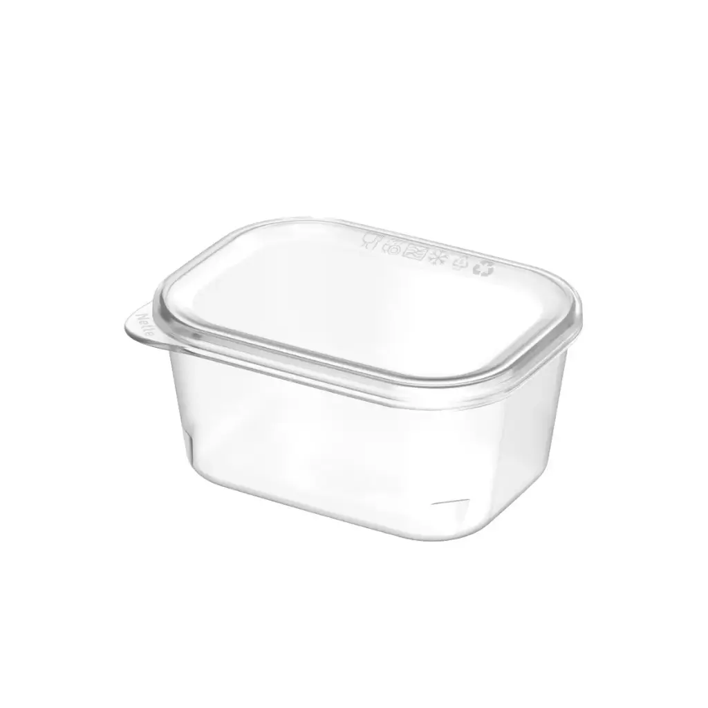 [47078] Genanvendeligt delikatessebæger m/ fladt låg, 250ml, 10,5x7,8x5cm, klar, PP, (50 stk.)