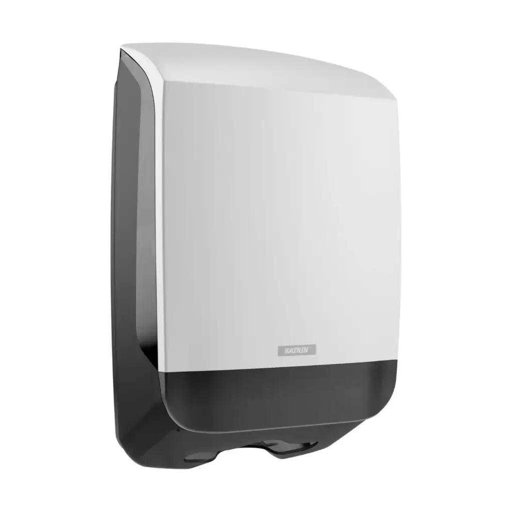 Papirdispenser t/ håndklædeark, M, 14,2x30,1x44,5cm, hvid, plast, Katrin 77410, (1 stk.)