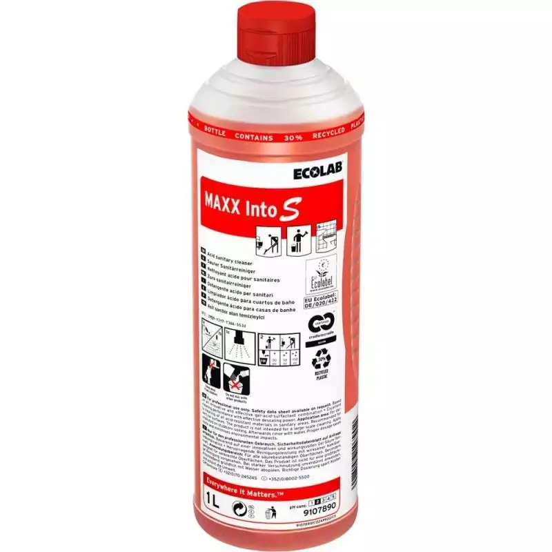 Sanitetsrengøring, MAXX INTO S, syrebaseret, 1 l, Ecolab, (12 stk.)