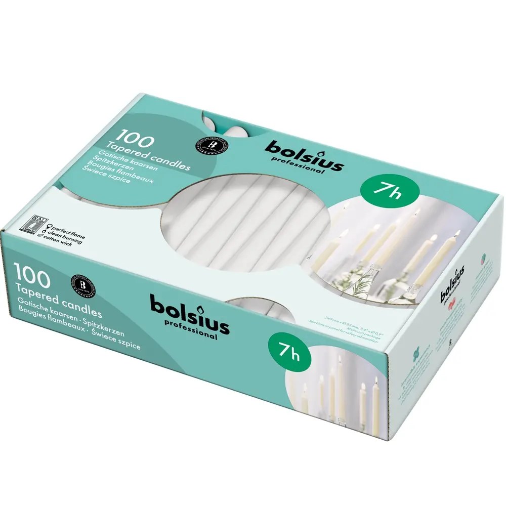 [48297] Kronelys, 7t, 240x23 mm, hvid, koniske, Bolsius, (100 stk.)