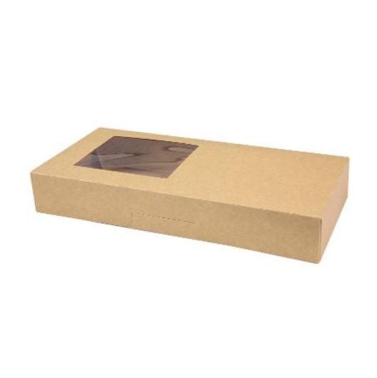 [12208] Kageæske, med hængslet låg og rude, 32x15x5 cm, PE-belagt, Brun, (200 stk.)