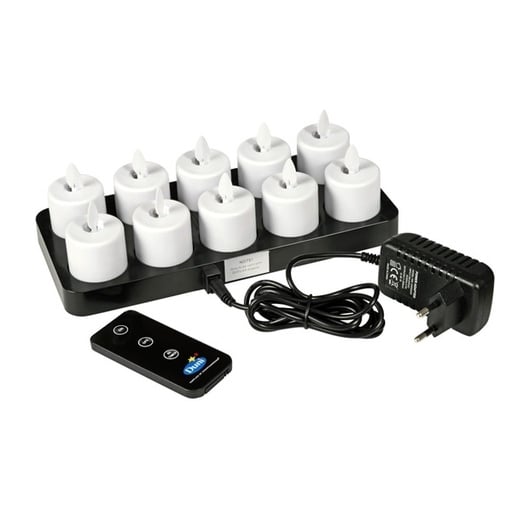 [12256] Genopladelige LED lys, Duni, 10 stk, 3,8x3,6cm, 25 timer, varm hvid, med oplader, Duni, (1 sæt.)