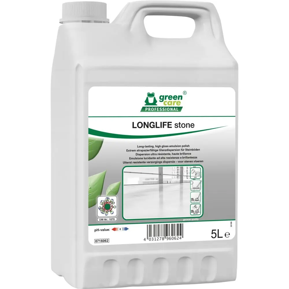 [50452] Gulvpolish, Green Care Professional LONGLIFE Stone, 5 l, blank, skridsikker, uden farve og parfume, (2 stk.)