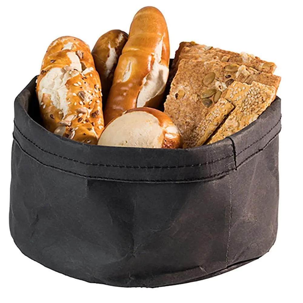 [51486] Brødkurv, Ø20x13cm, kraftig, foldbar, papirspose, læderlook, sort, (1 stk.)