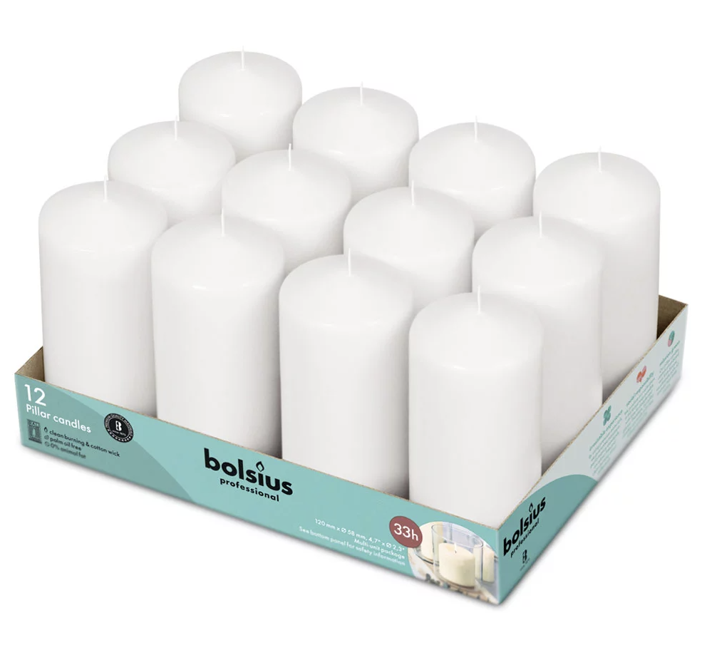 [10517] Bloklys, 12cm, Ø5,8cm, Bolsius, hvid, 33 timer, paraffin, (12 stk.)