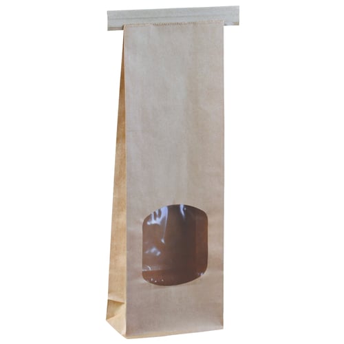 [13677] Klodsbundspose med rude, brun, uden hank, S, 4,7x8,8x26cm, 1 l, OPP/papir, med sidefals, (500 stk.)