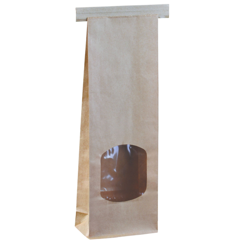 [13677] Klodsbundspose med rude, brun, uden hank, S, 4,7x8,8x26cm, 1 l, OPP/papir, med sidefals, (500 stk.)