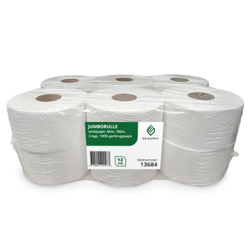 Jumborulle, toiletpapir, GS-Basic, Mini, 180m, 2-lags, 100% genbrugspapir, (12 ruller.)