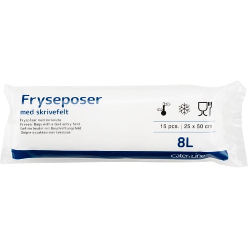 [13906] Frysepose med skrivefelt, 8 l, klar, LDPE/virgin, 25x50cm, 36my, (30 ruller á 15 stk, 450 stk.)