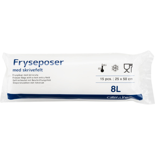 Frysepose med skrivefelt, 8 l, klar, LDPE/virgin, 25x50cm, 36my, (30 ruller á 15 stk, 450 stk.)