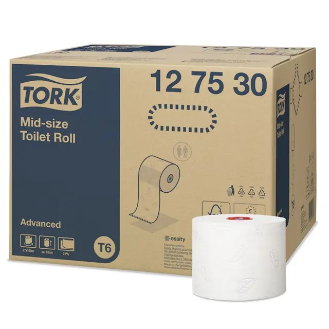 [10625] Toiletpapir, 2-lags, 100mx9,9cm, Ø13,1cm, hvid, blandingsfibre, T6, Advanced, Tork 127530, (27 stk.)