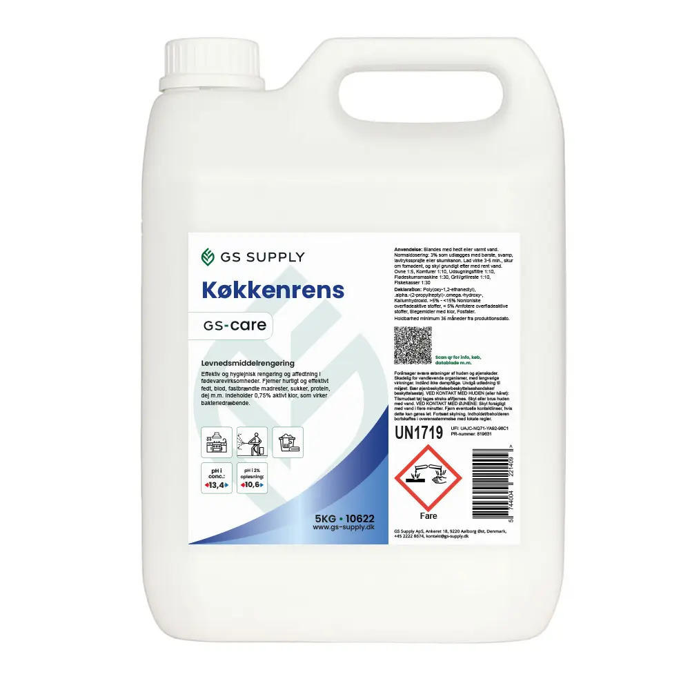[10622] Køkkenrens, GS-Care, Grundrens/køkkenaffedter, Højalkalisk, ph-13.5, 5L, (1 stk.)