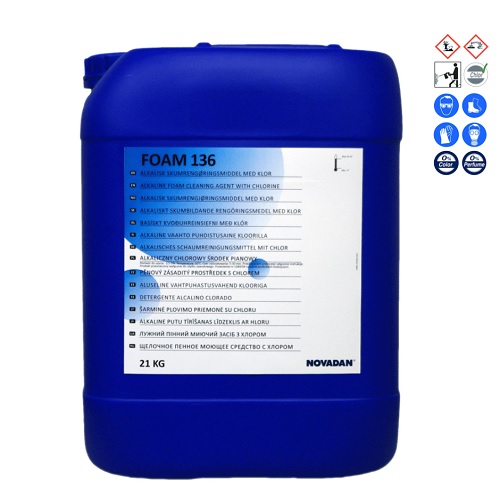 Skumrengøring, Novadan Foam 136, 20 l, alkalisk/affedtende, med klor, uden farve og parfume, (1 stk.)
