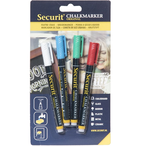 Kridtmarker med rund spids: 1-2 mm skrivebredde, Securit, Original, flydende kridt, hvid/blå/grøn/rød, i blisterkort, (4 stk.)