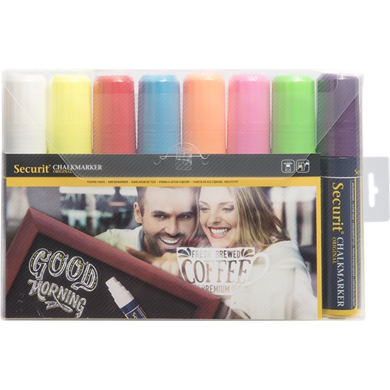 Kridtmarker med blokspids: 7-15 mm skrivebredde, Securit, Original, flydende kridt, 8 farver, (8 stk.)