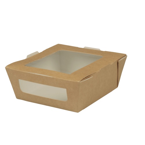 Take away bakke, 11x12x4,5cm, 450 ml, brun, karton/PLA, med vindue, (200 stk.)