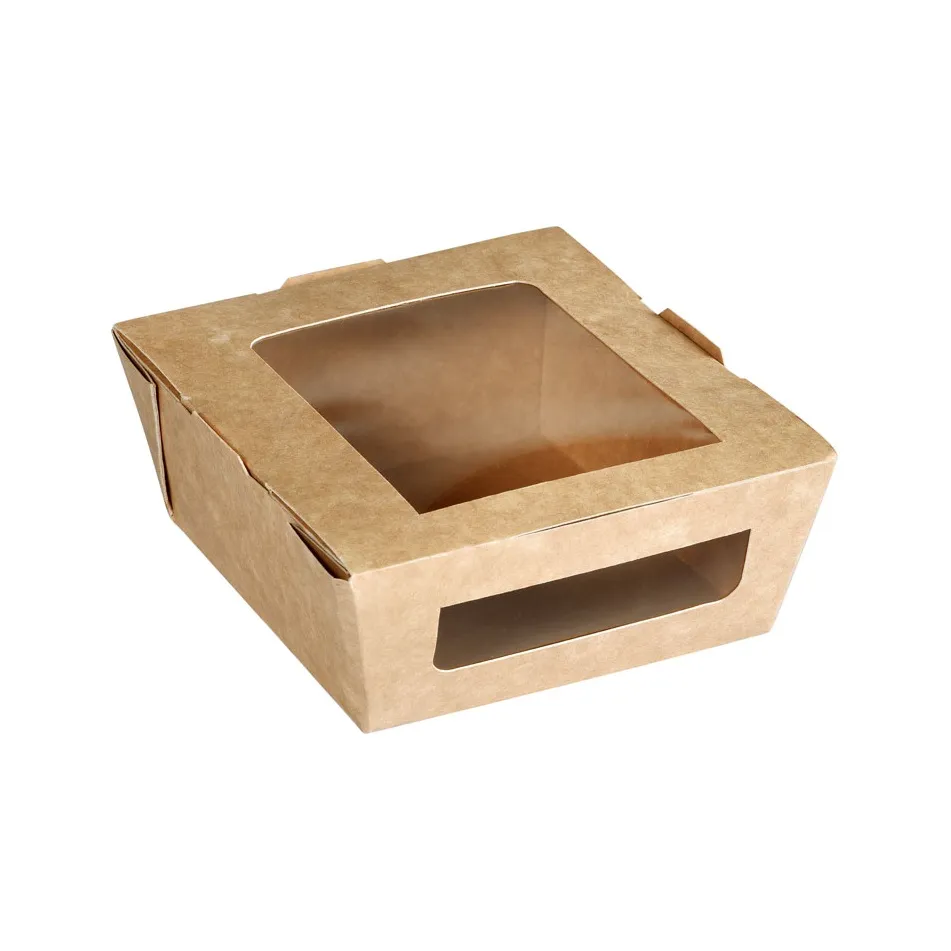 [10927] Take away bakke, 11x12x4,5cm, 450 ml, brun, karton/PLA, med vindue, (200 stk.)