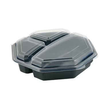 Lunchbakke, 23x23x6cm, 3-rums Octaview, sort/klar, PS, m/låg, Duni, (160 stk.)