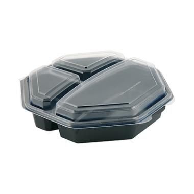 Lunchbakke, 23x23x6cm, 3-rums Octaview, sort/klar, PS, m/låg, Duni, (160 stk.)