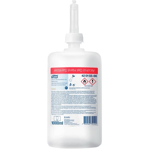 [10858] Hånddesinfektionsgel, 1000ml, 0,8 Ethanol, 1 ml Pr. Dosering, S1, Tork 420106, (1 Stk.)