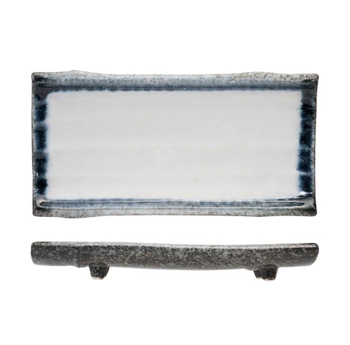 [21456] Serveringsfad på 4 fødder, rektangulær, stentøj, lys farve, 24,5x12,5x3,5cm, (1 stk.)