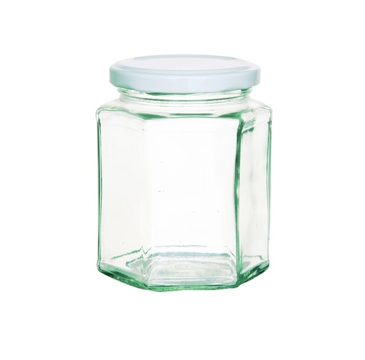 [21578] Opbevaringsglas med låg, 324ml, hexagon-form, glas/metal, hvidt låg, (12 stk.)